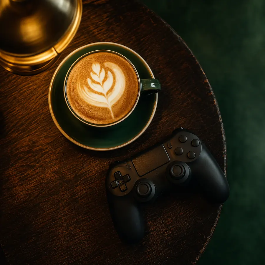 Café con arte latte junto a un control de consola sobre una mesa de madera
