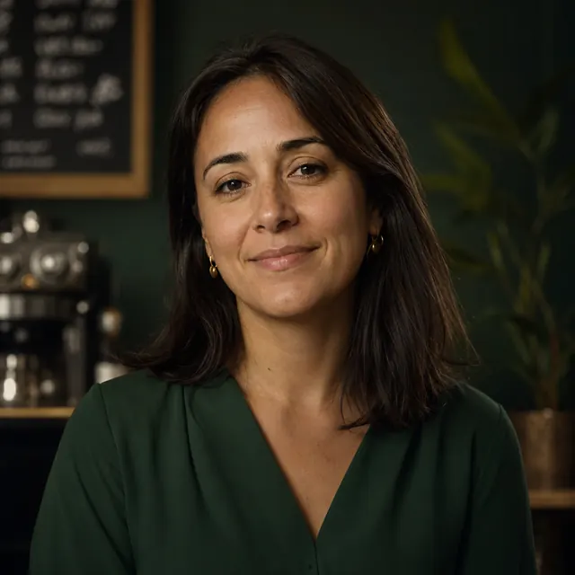 Valentina Ríos, encargada y fundadora de Pixel Café, sonriendo detrás de la barra
