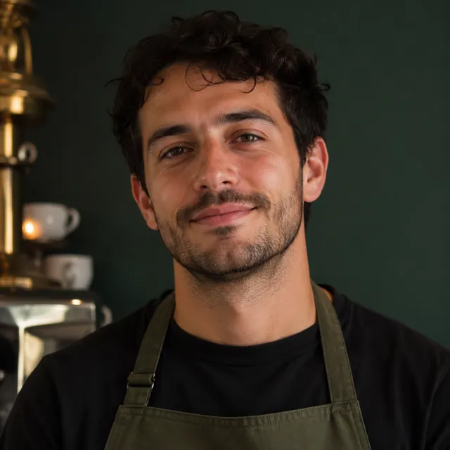 Tomás Ferreyra, barista y game master de Pixel Café, con delantal junto a la máquina de café